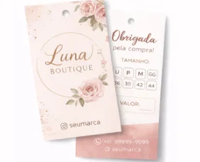 Tags personalizadas em tom rosé com flores e logo de boutique