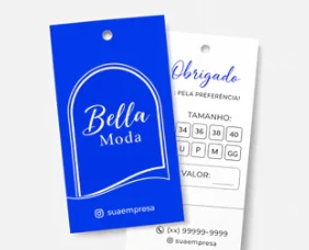 Tags personalizadas para roupas, frente azul com logo e verso com tamanhos